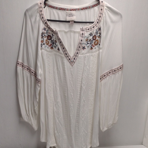 Knox Rose Tops - Knox Rose White Embellished Blouse with Relaxed Sleeves, Bohemian,Boho